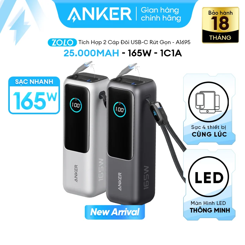 Pin Dự Phòng ANKER Zolo A1695 25000mAh 165W (With 2*Built-in Retractable Type-C Cable, Smart Digital Display, ActiveShield™ 2.0)