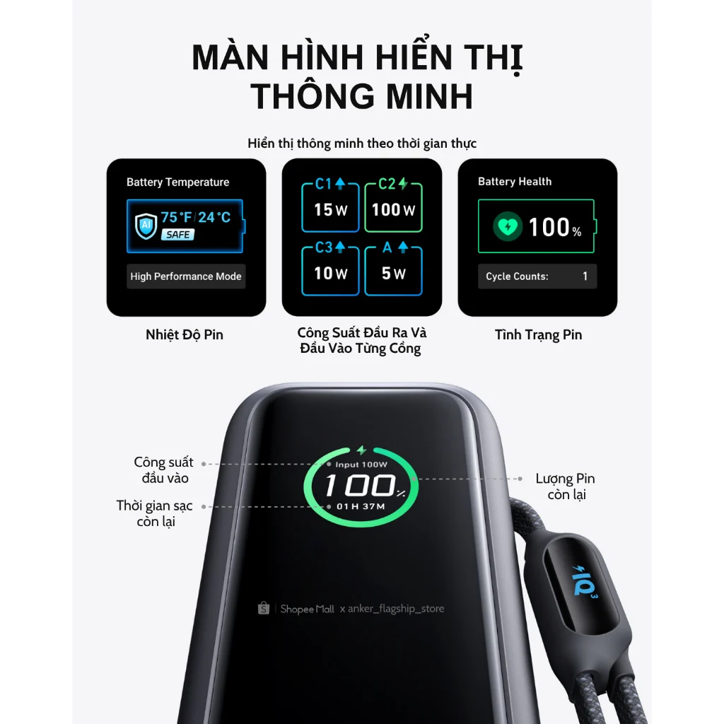 Pin Dự Phòng ANKER Zolo A1695 25000mAh 165W (With 2*Built-in Retractable Type-C Cable, Smart Digital Display, ActiveShield™ 2.0)