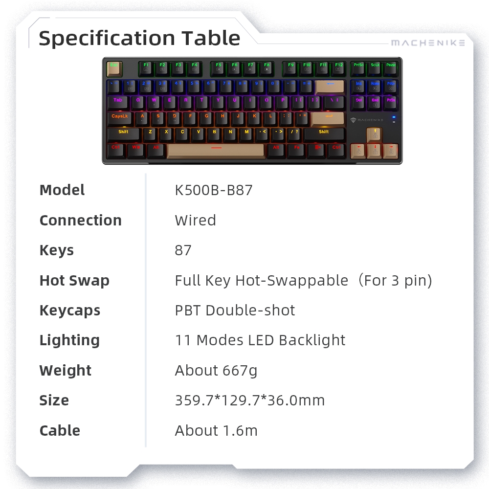 Bàn phím cơ Machenike K500B-B87 Wired Mixed Light - Hàng chính hãng VN