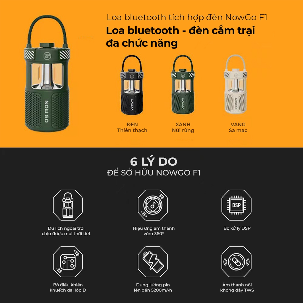 Loa Bluetooth NowGo F1 Camping Lamp Speaker 20W (Bluetooth 5.3, 11H, Loa tích hợp đèn Camping)