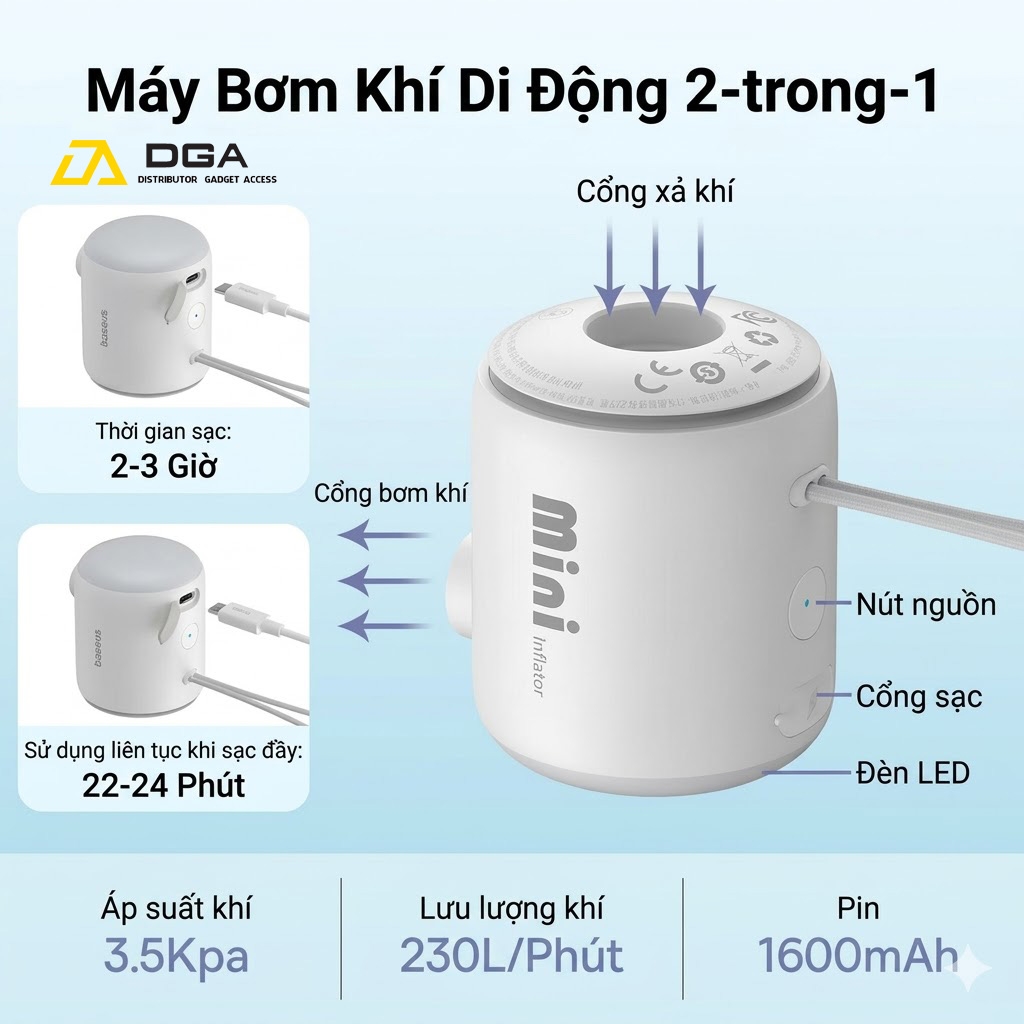 Máy Bơm Hơi Mini Kiêm Hút Chân Không Baseus PocketGo Portable (230L/min, 3500Pa)