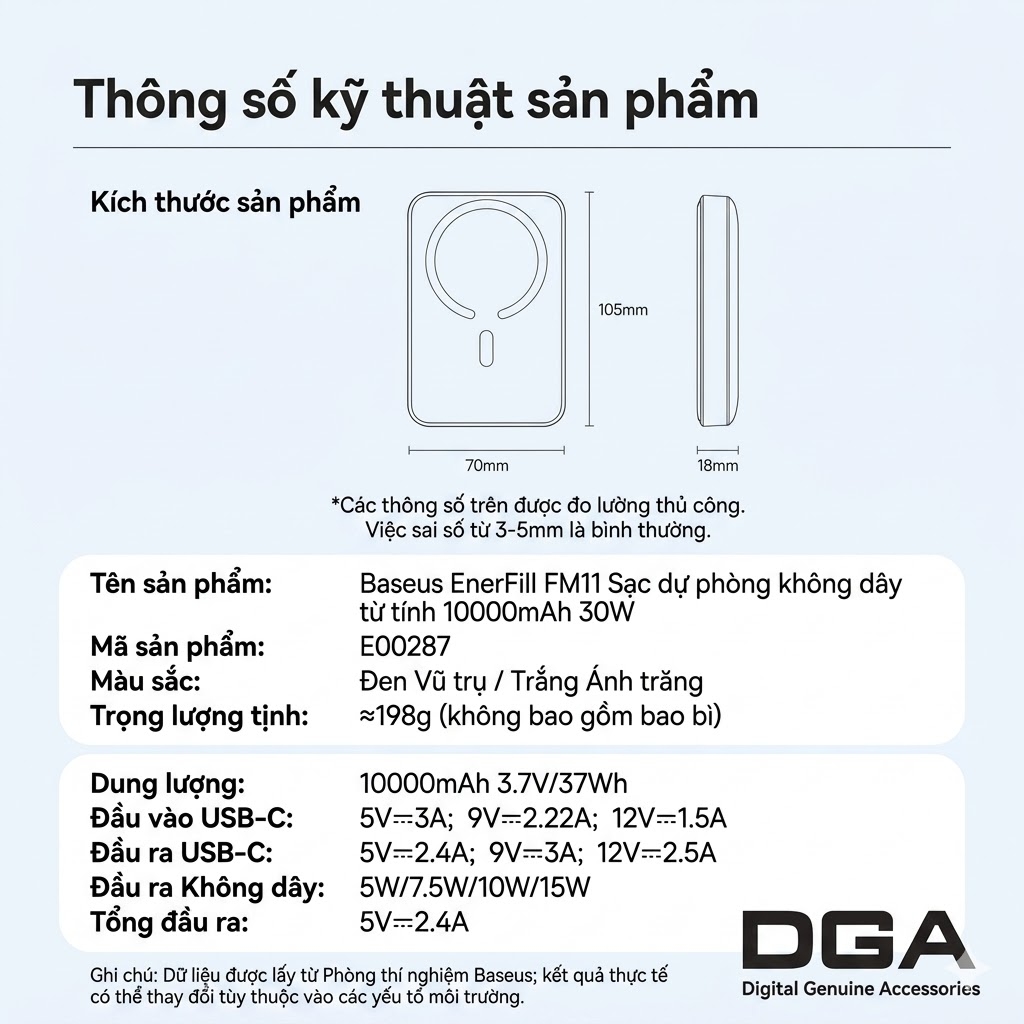 Pin Dự Phòng Không Dây Baseus EnerFill FM11 10000mAh 30W (1*Type-C port, NTC Cooling System, 15W Wireless Charging)