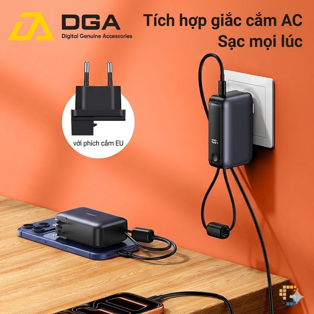 Pin Dự Phòng Kiêm Củ Sạc 3-in-1 USAMS CD260 PB88 10000mAh 22.5W (With Built-in Type-C + Lightning cable, Digital Display, 3C Certification)
