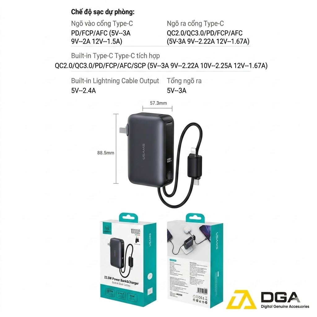 Pin Dự Phòng Kiêm Củ Sạc 3-in-1 USAMS CD260 PB88 10000mAh 22.5W (With Built-in Type-C + Lightning cable, Digital Display, 3C Certification)