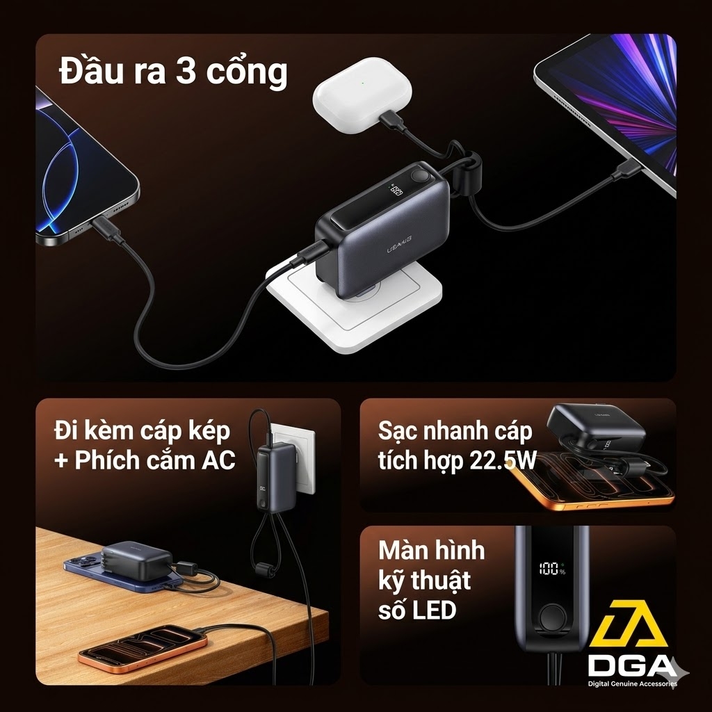 Pin Dự Phòng Kiêm Củ Sạc 3-in-1 USAMS CD260 PB88 10000mAh 22.5W (With Built-in Type-C + Lightning cable, Digital Display, 3C Certification)
