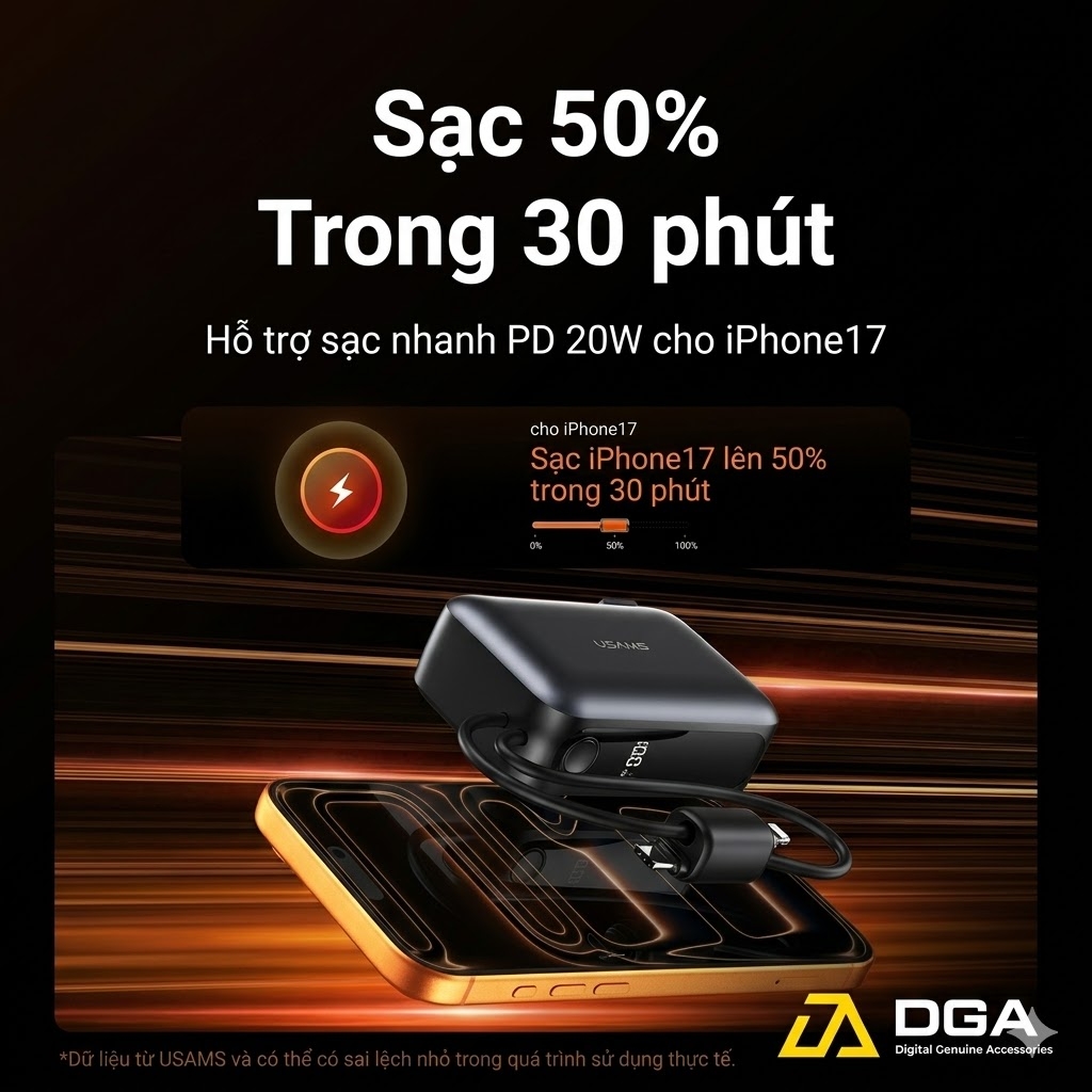 Pin Dự Phòng Kiêm Củ Sạc 3-in-1 USAMS CD260 PB88 10000mAh 22.5W (With Built-in Type-C + Lightning cable, Digital Display, 3C Certification)