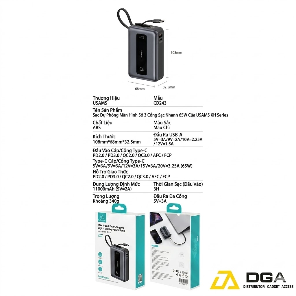 Pin Dự Phòng USAMS CD243 20000mAh 65W (Digital Display, 3-Port, With Built-in Type-C Cable, 3C Certification)
