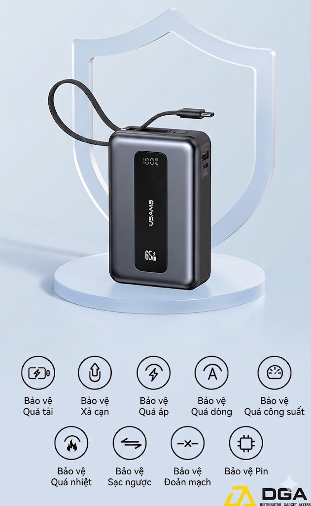 Pin Dự Phòng USAMS CD243 20000mAh 65W (Digital Display, 3-Port, With Built-in Type-C Cable, 3C Certification)