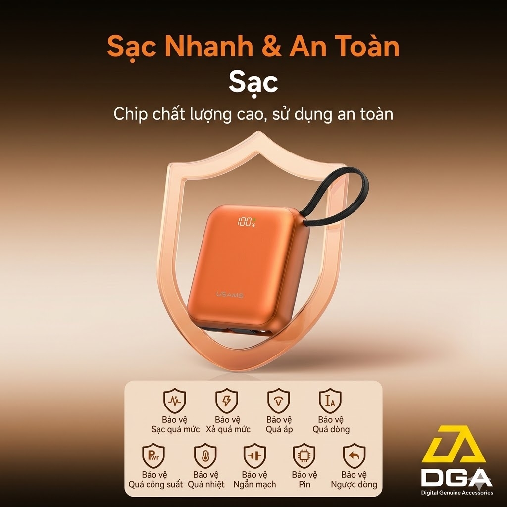 Pin Dự Phòng USAMS CD258 10000mAh 20W (With Built-in Type-C + Lighting cable, Digital Display, 3C Certification)