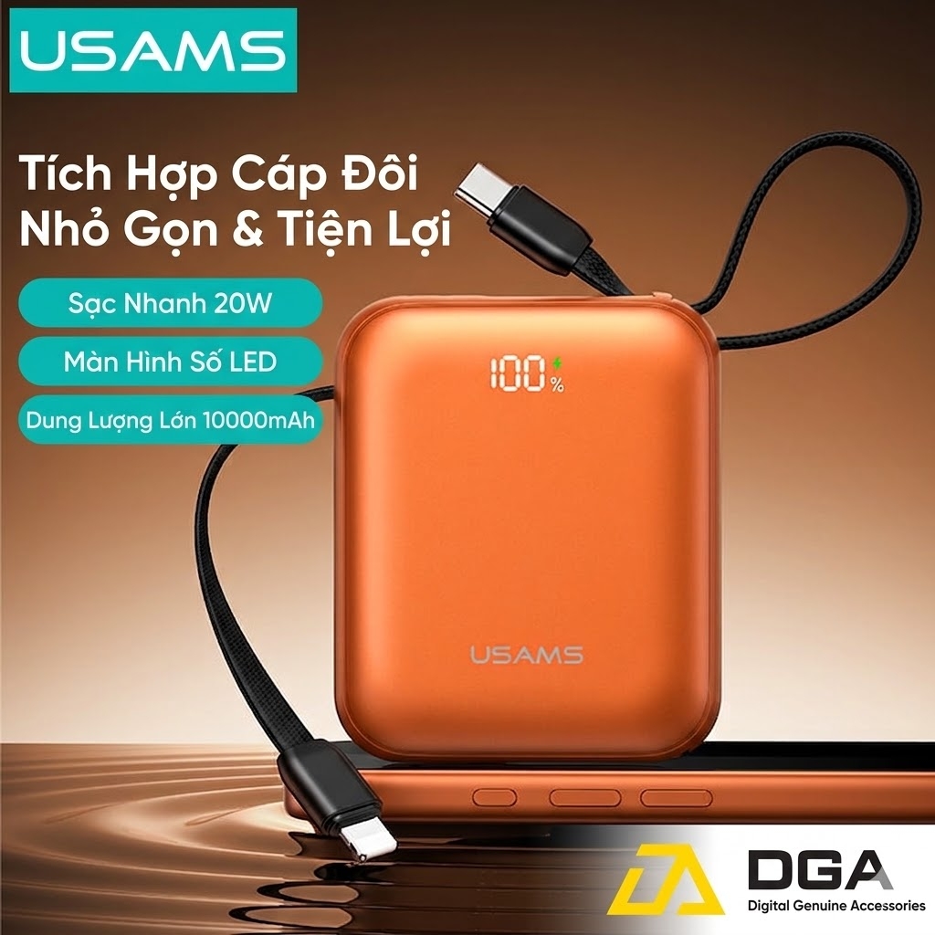 Pin Dự Phòng USAMS CD258 10000mAh 20W (With Built-in Type-C + Lighting cable, Digital Display, 3C Certification)