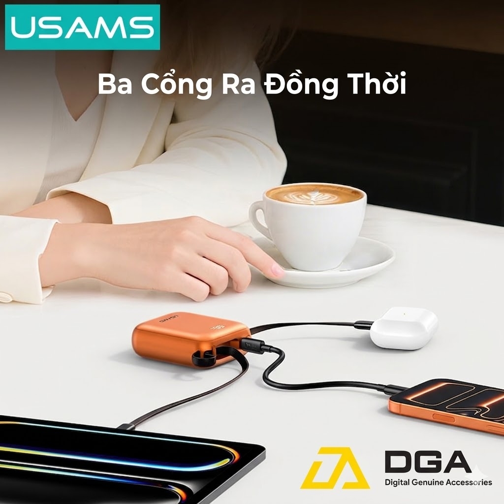 Pin Dự Phòng USAMS CD258 10000mAh 20W (With Built-in Type-C + Lighting cable, Digital Display, 3C Certification)
