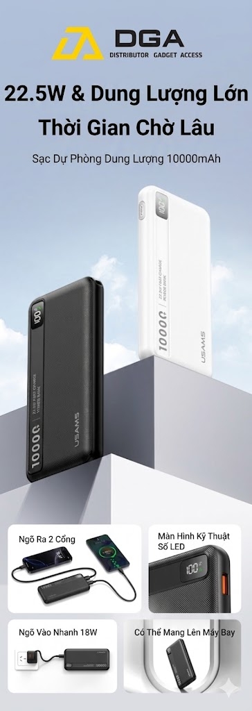 Pin Dự Phòng USAMS CD263 10000mAh 22.5W (1*Type-C + 1*USB-A port, Digital Display)