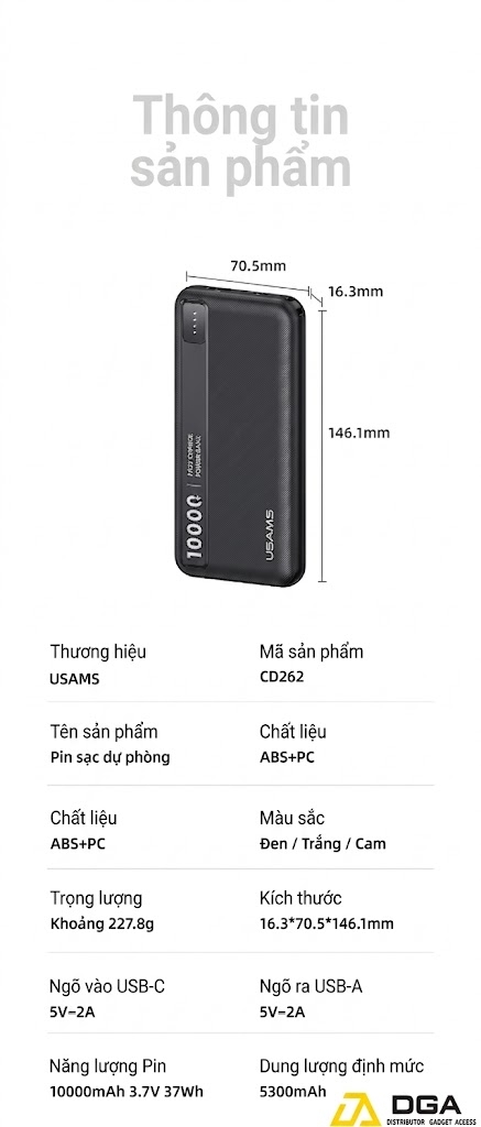 Pin Dự Phòng USAMS CD263 10000mAh 22.5W (1*Type-C + 1*USB-A port, Digital Display)