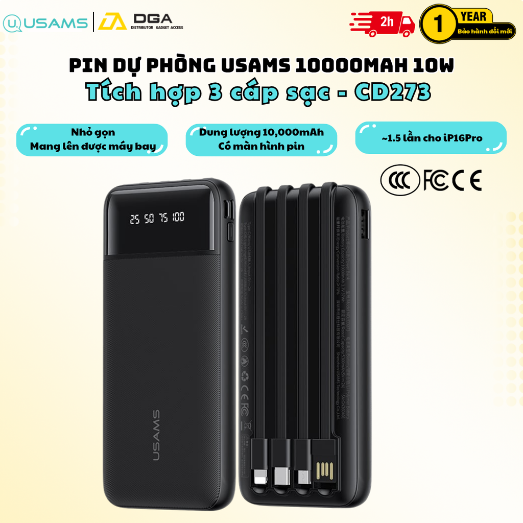 Pin Dự Phòng USAMS CD281 CD273 10000mAh Tích Hợp 3 Cáp Sạc , Mang Lên Được Máy Bay Chuẩn CCC-FCC-CE