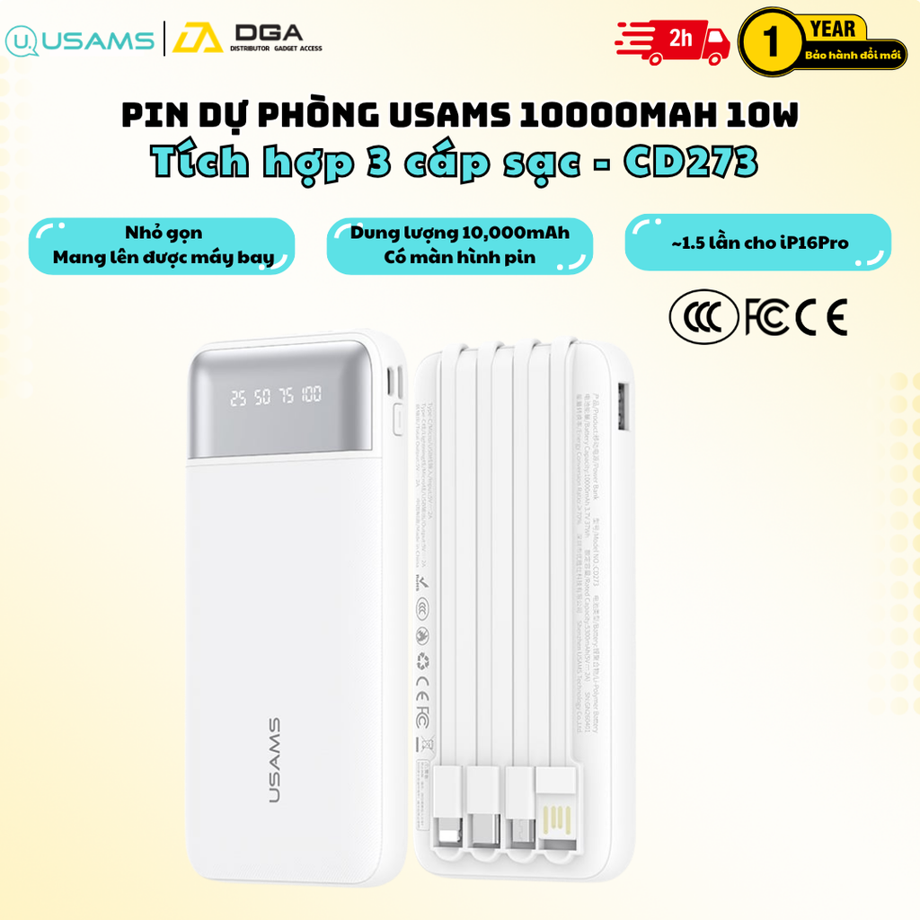 Pin Dự Phòng USAMS CD281 CD273 10000mAh Tích Hợp 3 Cáp Sạc , Mang Lên Được Máy Bay Chuẩn CCC-FCC-CE