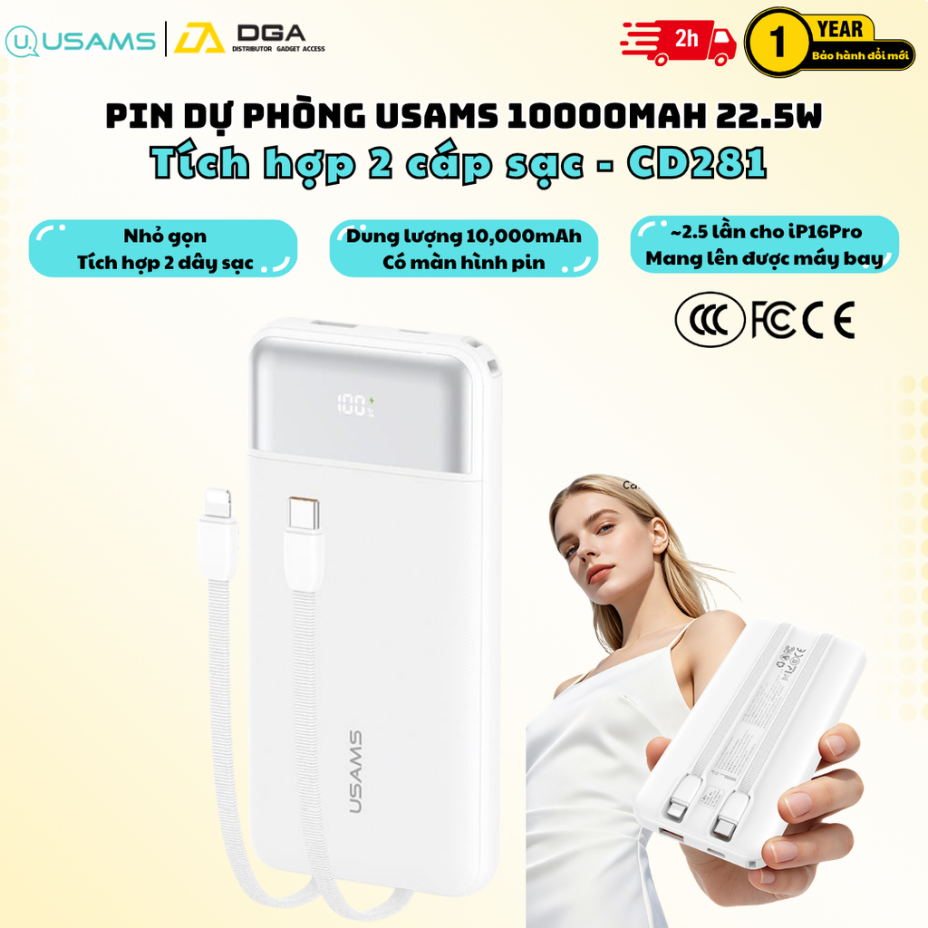 Pin Dự Phòng USAMS CD281 10000mAh 22.5W Tích Hợp Cáp Sạc , Mang Lên Được Máy Bay Chuẩn CCC-FCC-CE