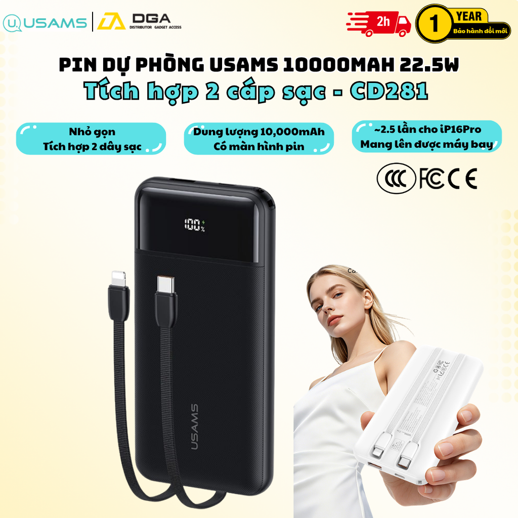 Pin Dự Phòng USAMS CD281 10000mAh 22.5W Tích Hợp Cáp Sạc , Mang Lên Được Máy Bay Chuẩn CCC-FCC-CE