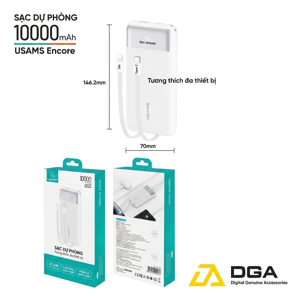 Pin Dự Phòng USAMS CD281 10000mAh 22.5W Tích Hợp Cáp Sạc , Mang Lên Được Máy Bay Chuẩn CCC-FCC-CE