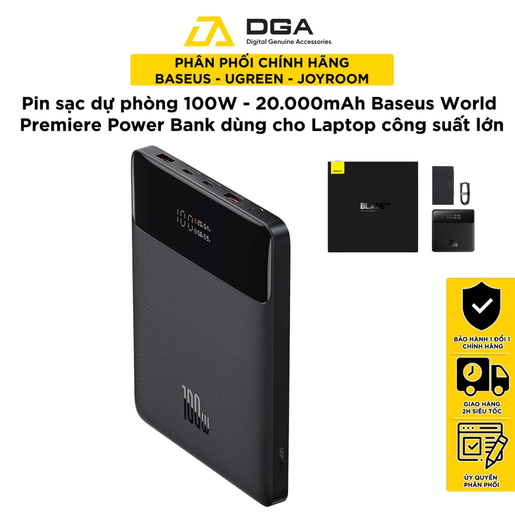 Pin Sạc Dự Phòng Laptop Baseus Blade High Power Digital Display Quick Charge Power Bank 20000mAh 100W (Sạc siêu nhanh, 4 cổng sạc Cx2 + USBx2, kèm cáp C to C, New Upgrade Version)