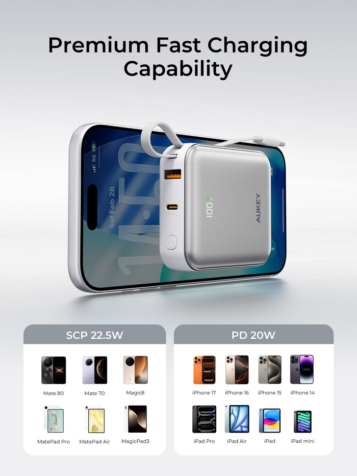 Pin Dự Phòng AUKEY PB-Y92L 20000mAh 35W (CCC / 3C Certification, 1*Type-C + 1*USB-A + 1*Type-C + Lightning Built-in Cable, Digital Display)