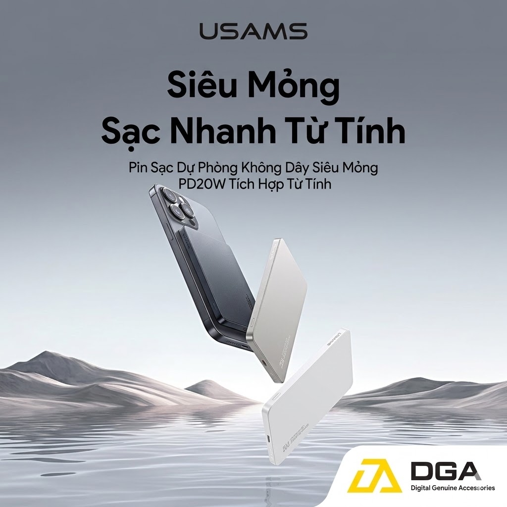 Pin Sạc Dự Phòng Không Dây Siêu Mỏng USAMS CD231 5000mAh 20W (15W Wireless Charging)