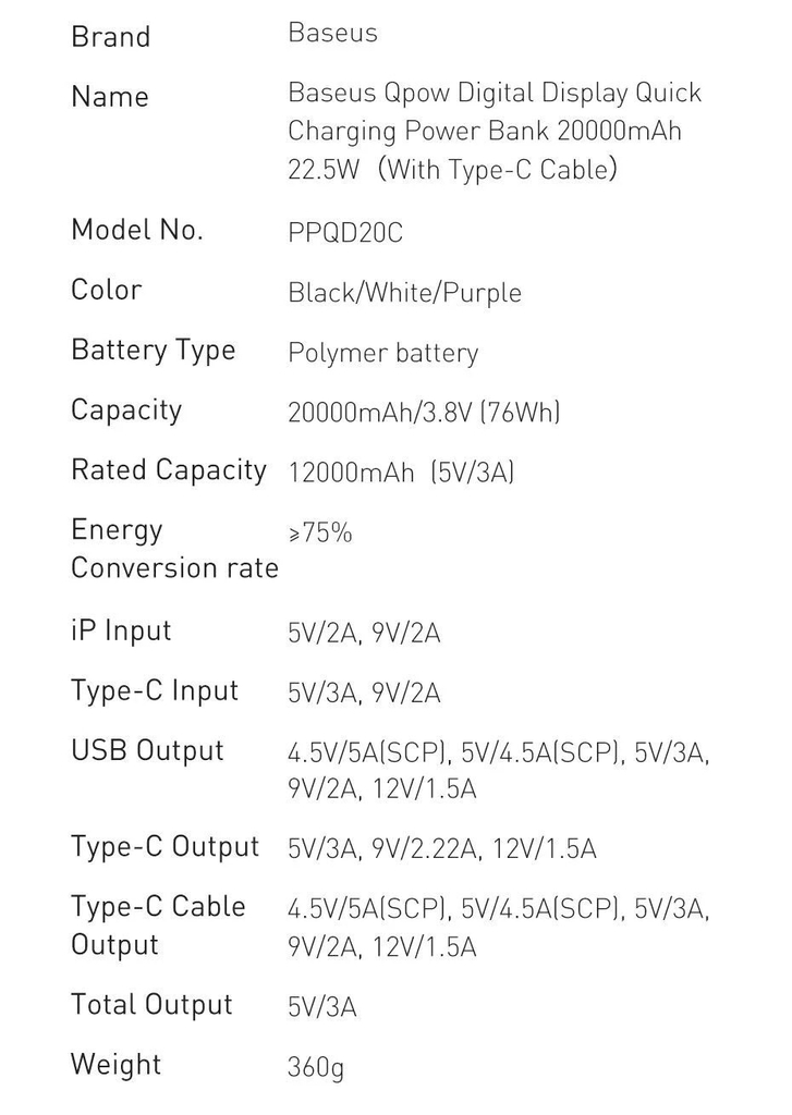 Pin sạc dự phòng sạc nhanh Baseus Qpow Pro Digital Display