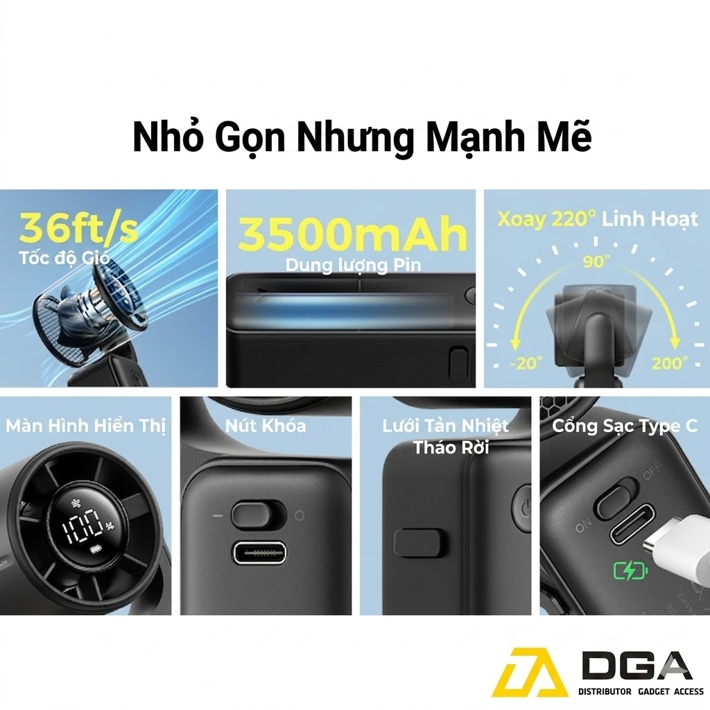 Quạt Cầm Tay AECOOLY AirGimbal PF04 (3500mAh, 17H, Display Screen, 11m/s, 15000RPM, 220° Adjustable, 5-Speed Turbo Wind)