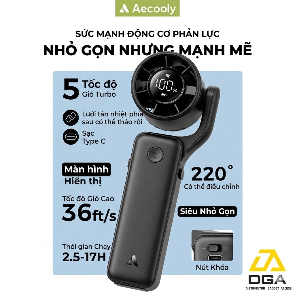 Quạt Cầm Tay AECOOLY AirGimbal PF04 (3500mAh, 17H, Display Screen, 11m/s, 15000RPM, 220° Adjustable, 5-Speed Turbo Wind)