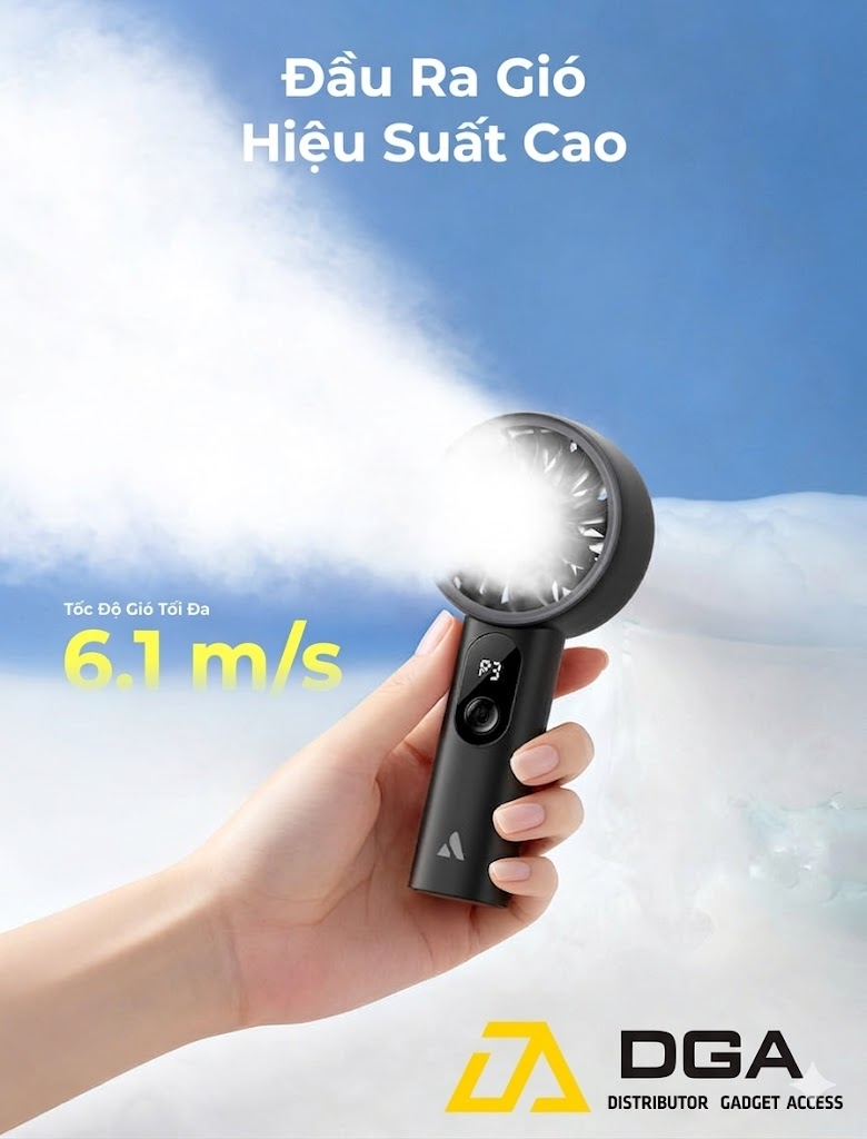 Quạt Cầm Tay AECOOLY Halo 03 5W (2000mAh, 10.5H, 6000RPM, 5 Adjustable Speeds, 6m/s, Digital Display)