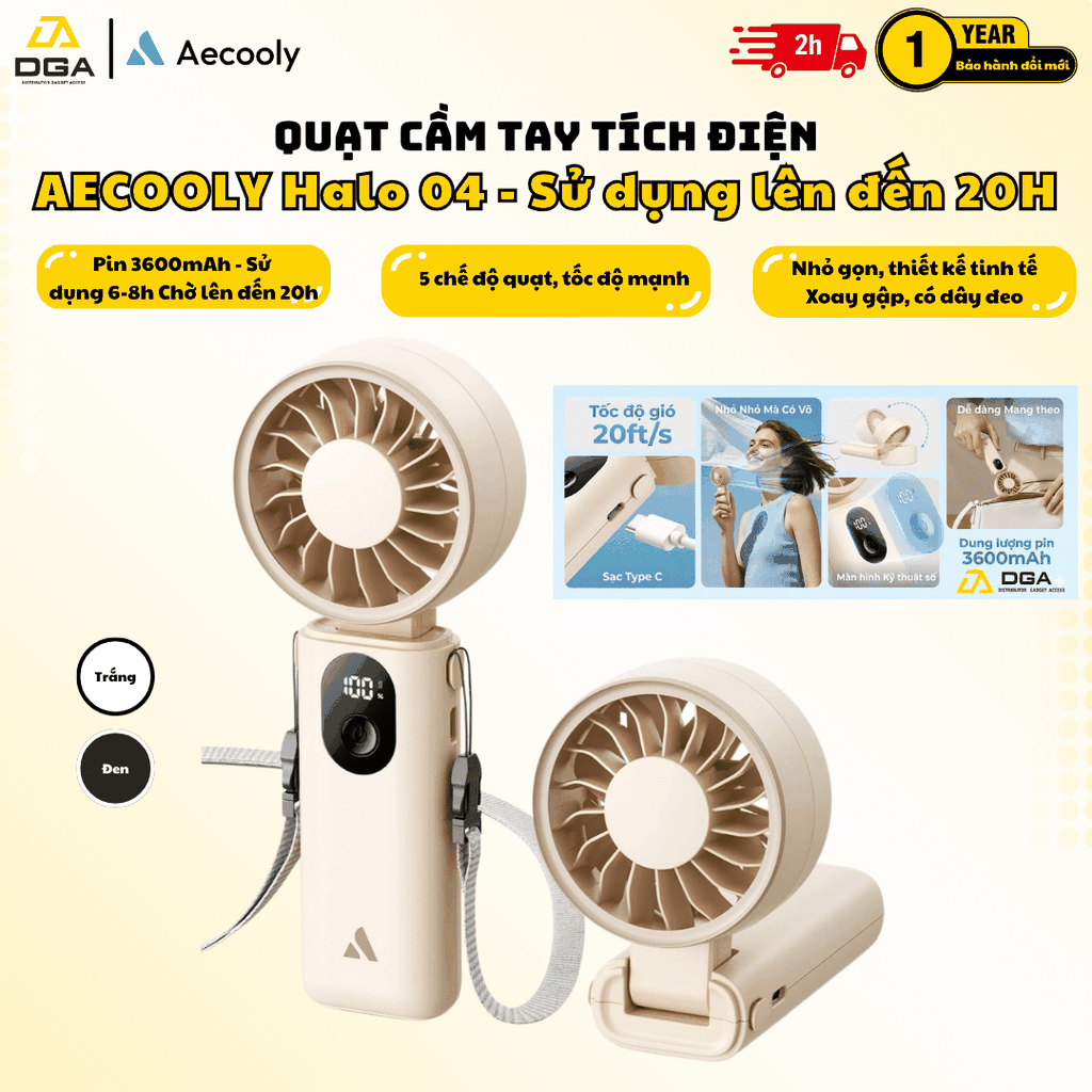 Quạt Cầm Tay AECOOLY Halo 04 (6000RPM, 5 Speed Settings, 20H, 3600mAh, 6m/s, Digital Display)