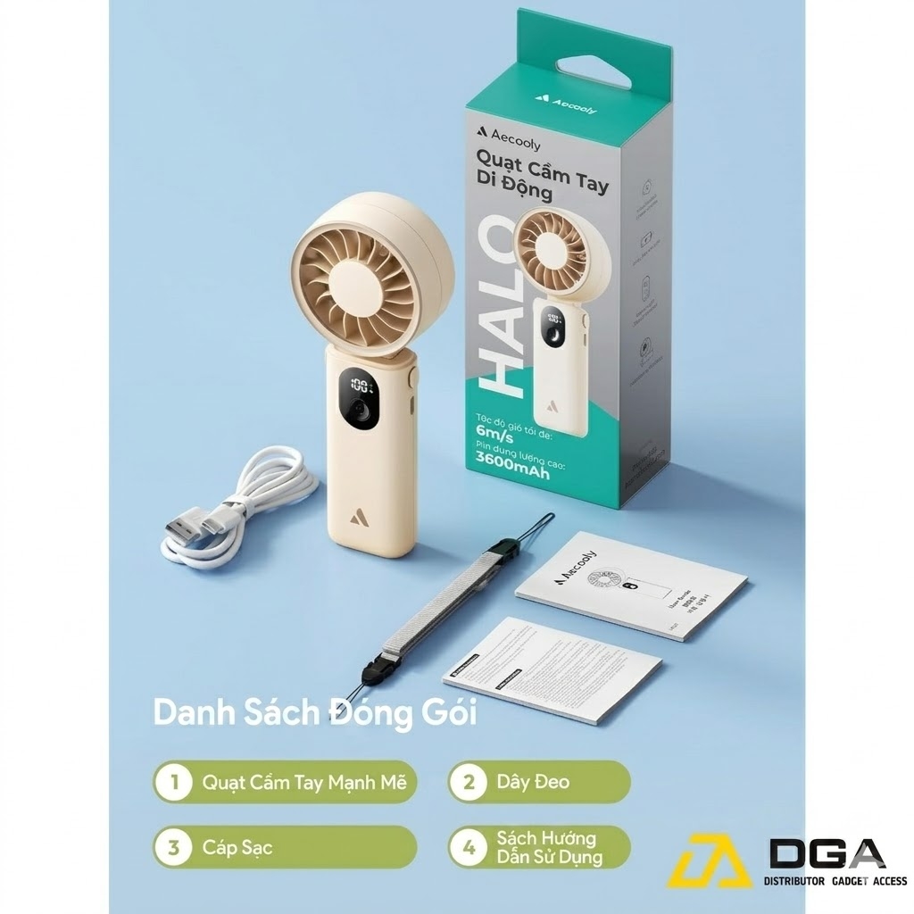 Quạt Cầm Tay AECOOLY Halo 04 (6000RPM, 5 Speed Settings, 20H, 3600mAh, 6m/s, Digital Display)