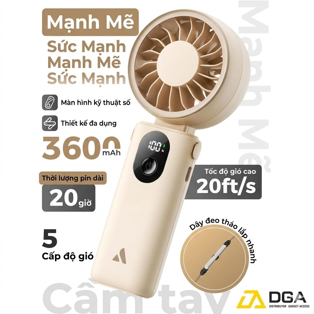 Quạt Cầm Tay AECOOLY Halo 04 (6000RPM, 5 Speed Settings, 20H, 3600mAh, 6m/s, Digital Display)