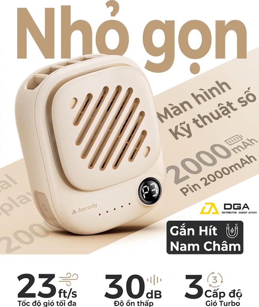Quạt Đeo Cổ Cầm Tay Mini AECOOLY Click 01 (7000RPM, 3-Speed Level Adjustment, Up to 9H, 2000mAh, 7m/s, Digital Display, ≤30db)