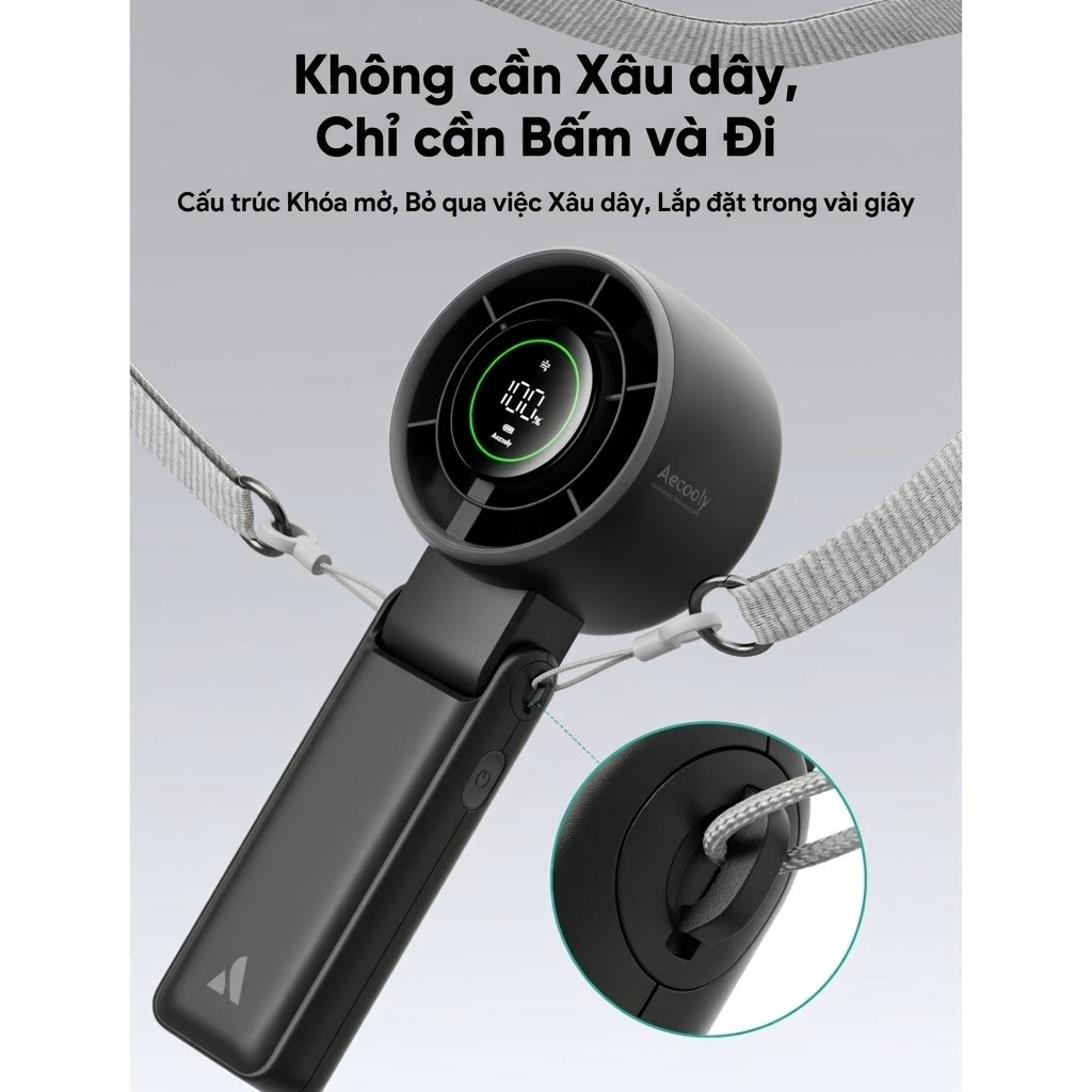 Quạt Cầm Tay AECOOLY Halo 02 (7000rpm, 5000mAh, Dual Air Channels, Ultra-High Wind Power, Foldable and placed on the desktop, Versatile Handheld/Desktop/Hanging Usage) - BLACK