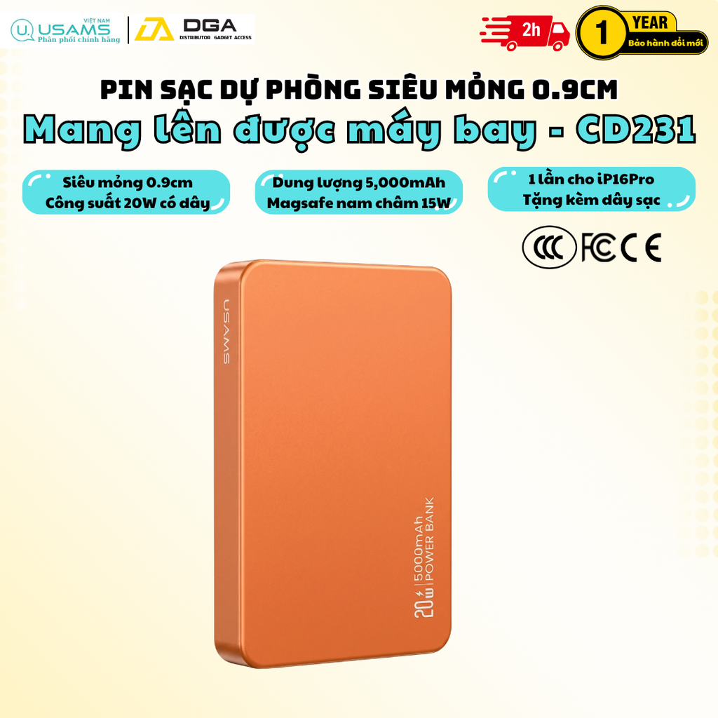 Pin Sạc Dự Phòng Không Dây Siêu Mỏng USAMS CD231 5000mAh 20W (15W Wireless Charging)