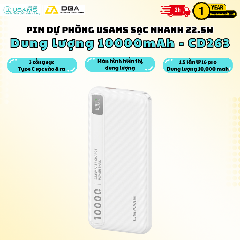 Pin Dự Phòng USAMS CD263 10000mAh 22.5W (1*Type-C + 1*USB-A port, Digital Display)