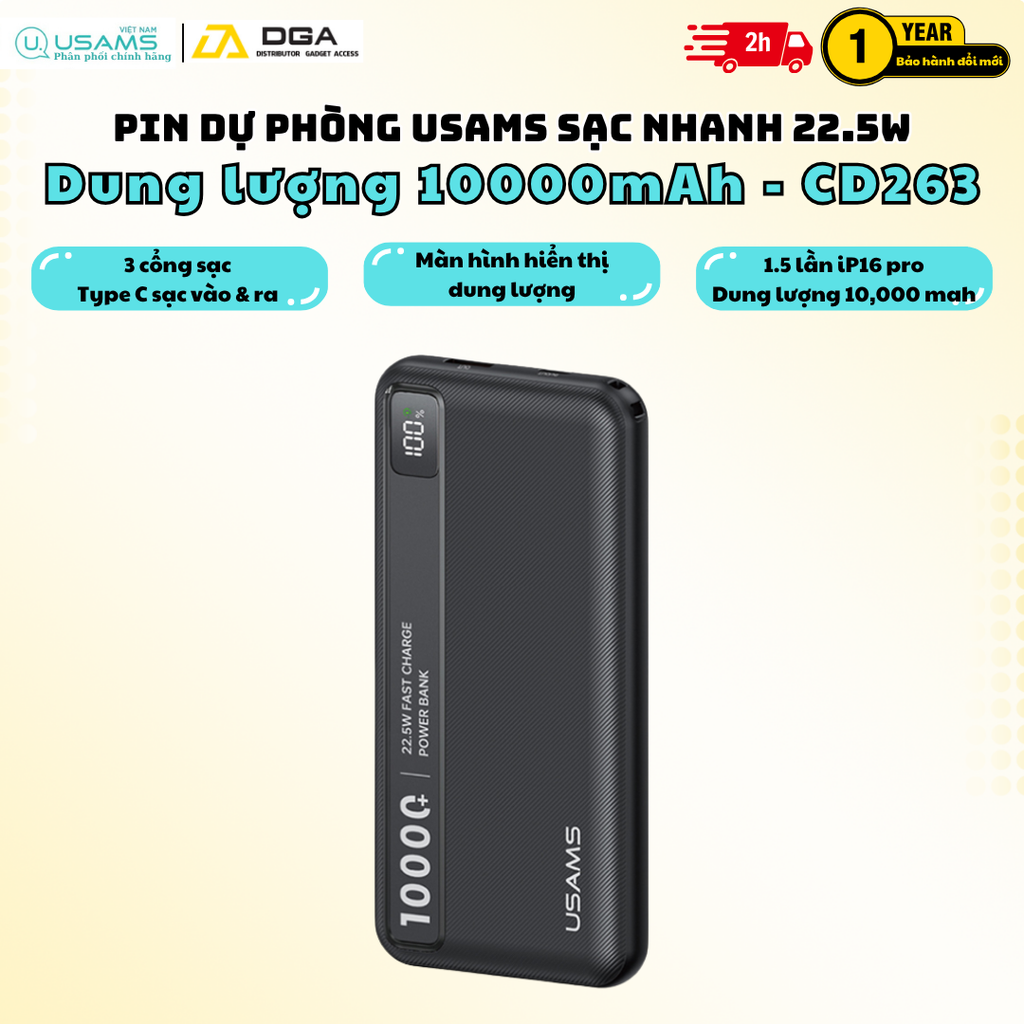 Pin Dự Phòng USAMS CD263 10000mAh 22.5W (1*Type-C + 1*USB-A port, Digital Display)