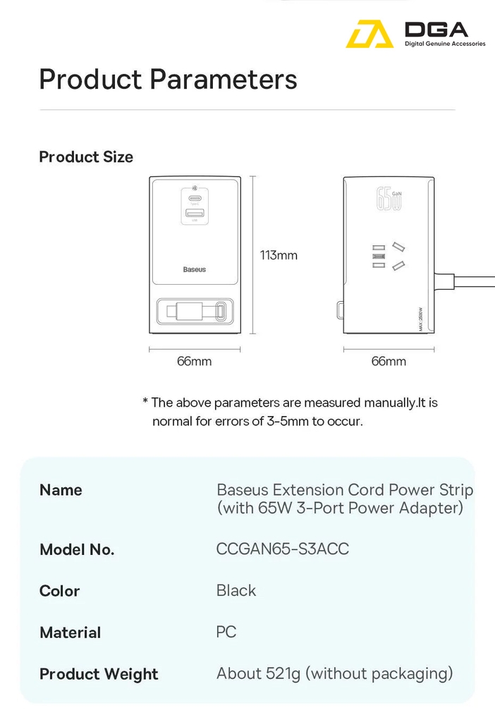 Sạc Nhanh 65W Tích Hợp Dây Nguồn Nối Dài Baseus Power Combo Digital Power Strip