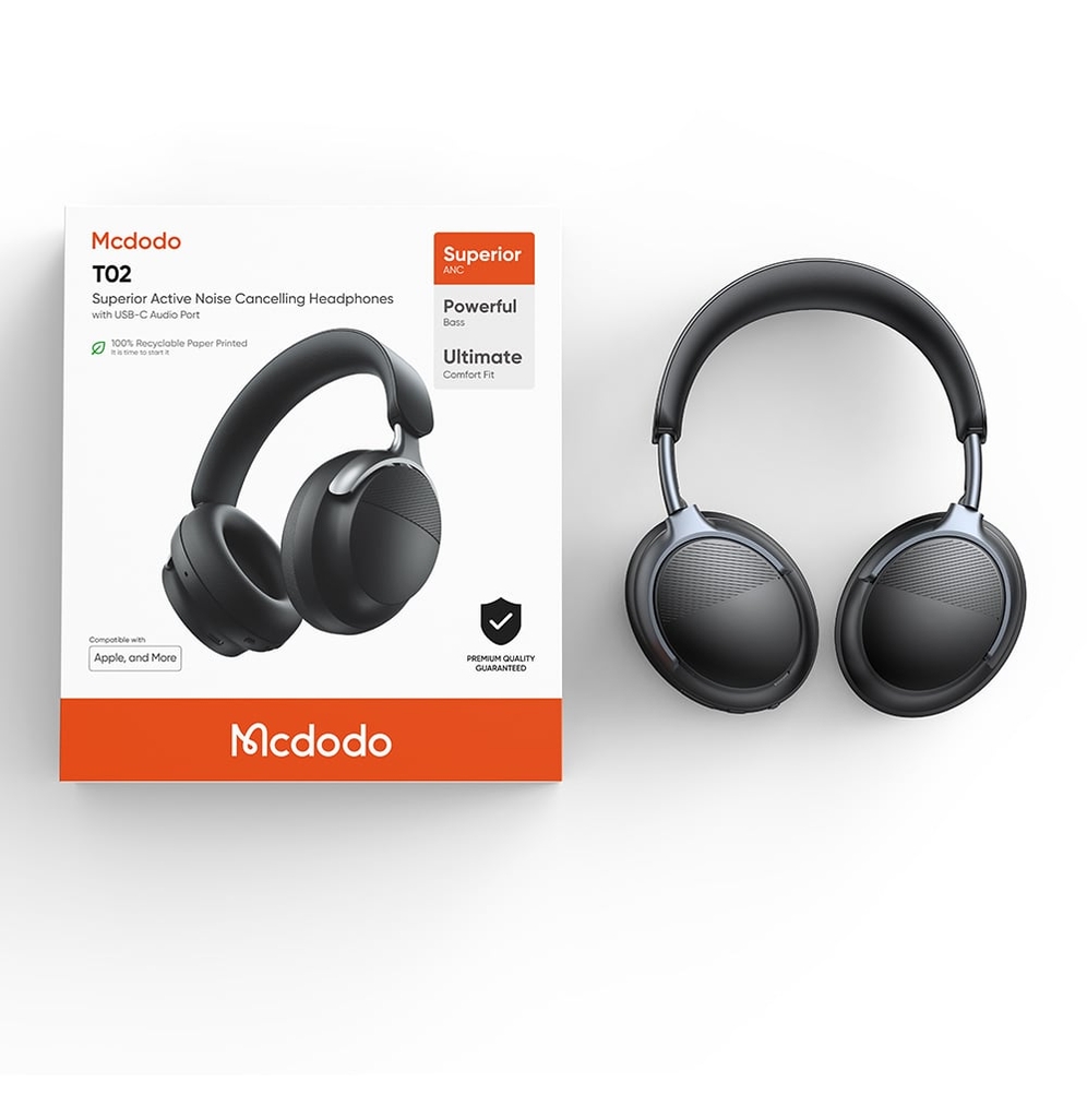 Tai Nghe Chụp Tai Không Dây MCDODO T02 series HP-142 (Bluetooth v5.4, 56H, ANC, 40mm super-magnetic diaphragm, with USB-C Audio Port, Powerful Bass)