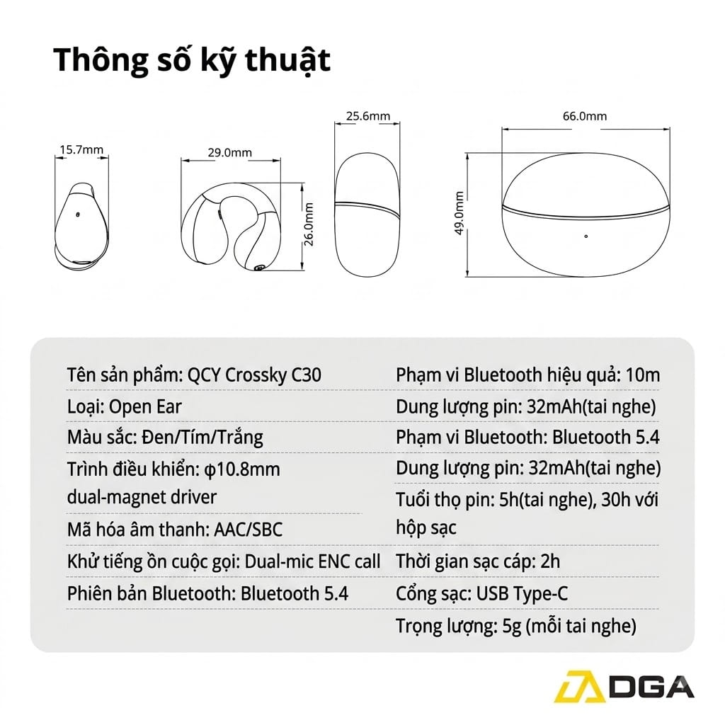 Tai Nghe Kẹp Tai QCY Crossky C30: Bluetooth 5.4, Driver 10.8mm, ENC 4-Mic