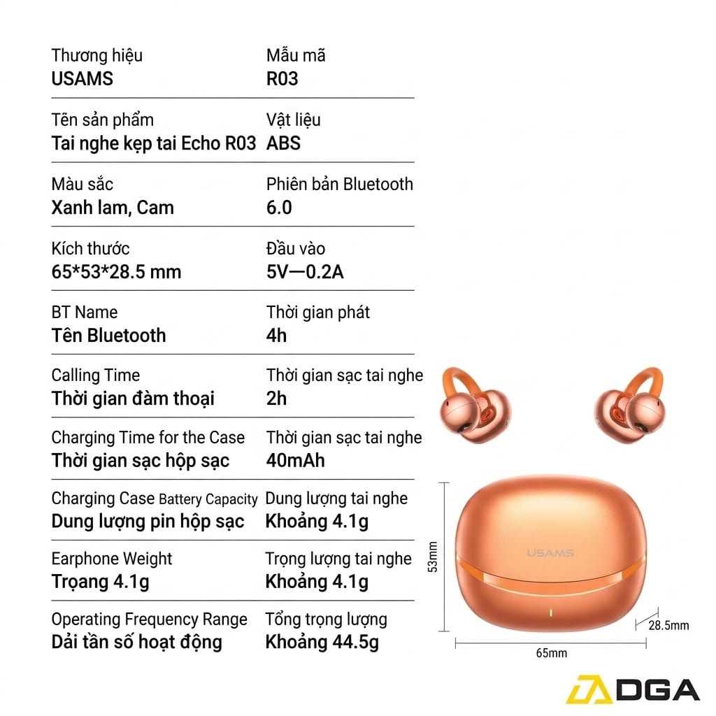 Tai Nghe Kẹp Tai USAMS Echo R03: Bluetooth 6.0, Driver 11mm, Siêu Nhẹ 4.1g