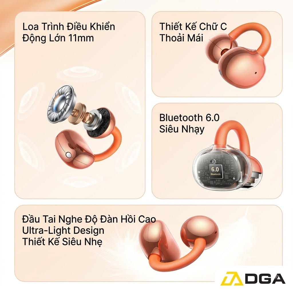 Tai Nghe Kẹp Tai USAMS Echo R03: Bluetooth 6.0, Driver 11mm, Siêu Nhẹ 4.1g