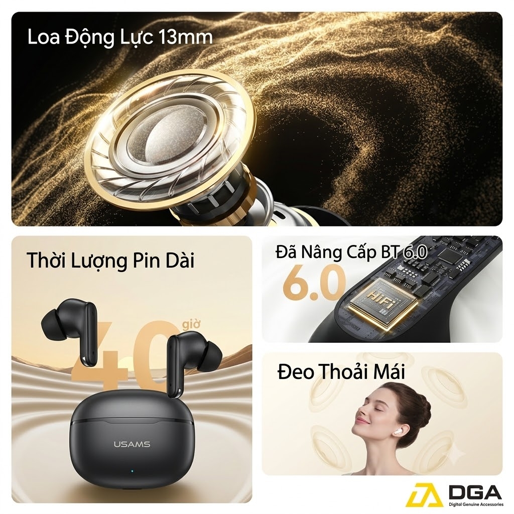 Tai Nghe Bluetooth TWS USAMS Echo E05 (Bluetooth v6.0, 3.5H, 3D Surround Stereo Sound, Low latency)
