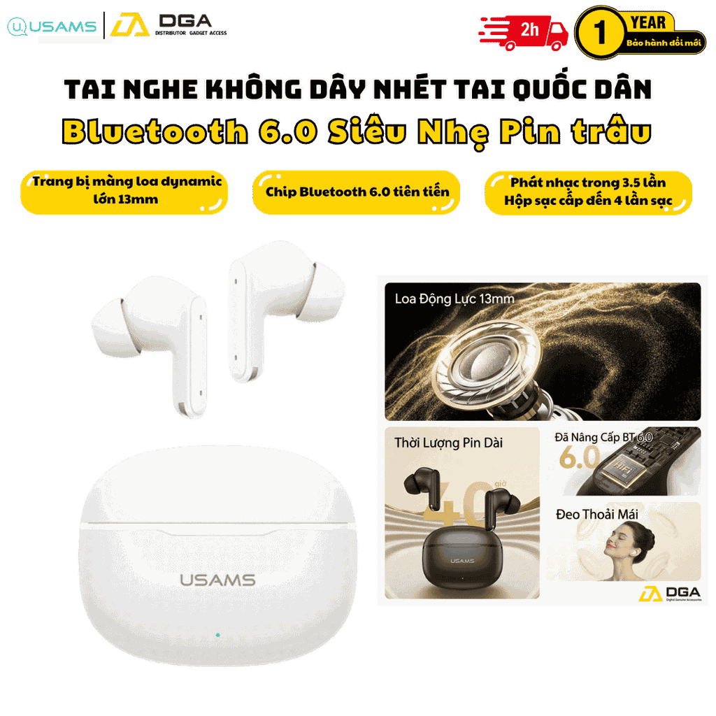 Tai Nghe Bluetooth TWS USAMS Echo E05 (Bluetooth v6.0, 3.5H, 3D Surround Stereo Sound, Low latency)