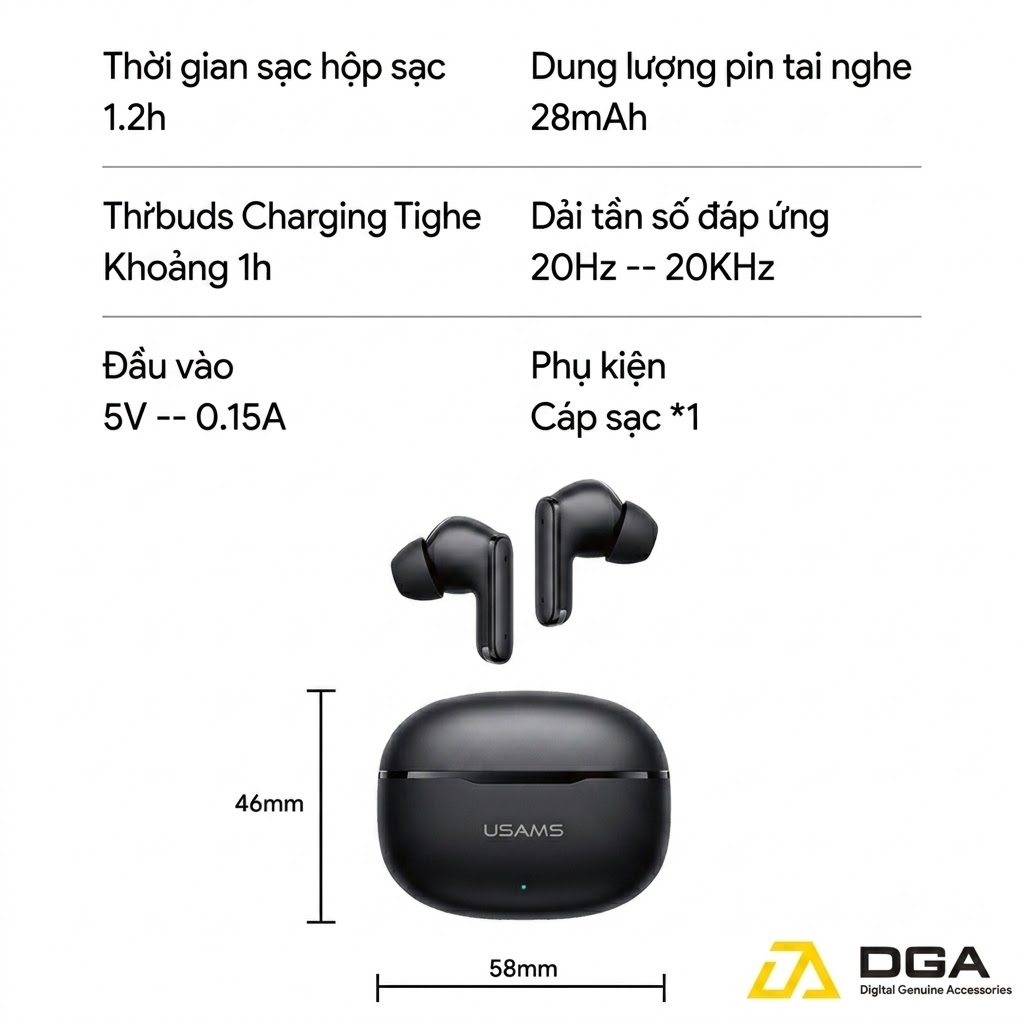 Tai Nghe Bluetooth TWS USAMS Echo E05 (Bluetooth v6.0, 3.5H, 3D Surround Stereo Sound, Low latency)