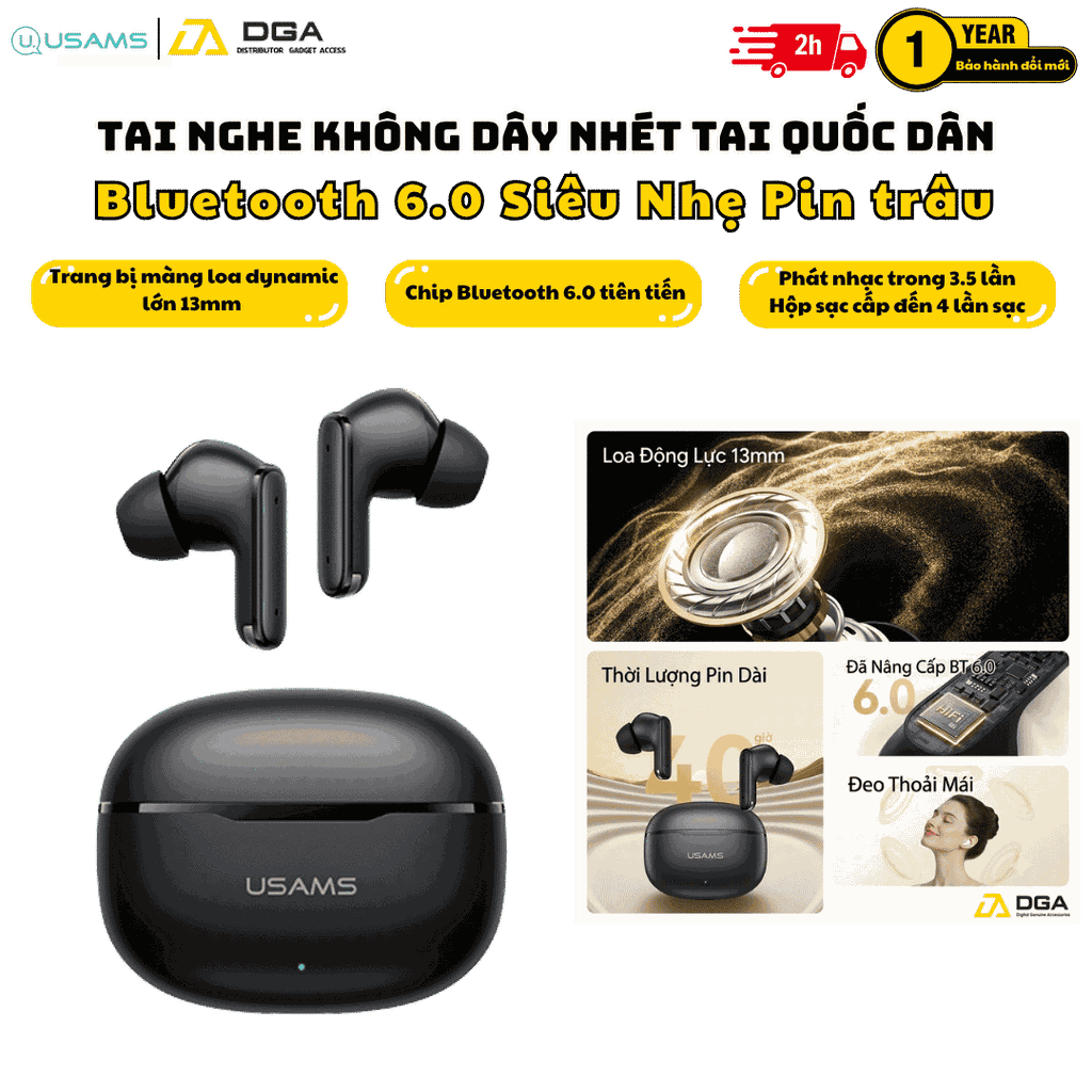 Tai Nghe Bluetooth TWS USAMS Echo E05 (Bluetooth v6.0, 3.5H, 3D Surround Stereo Sound, Low latency)