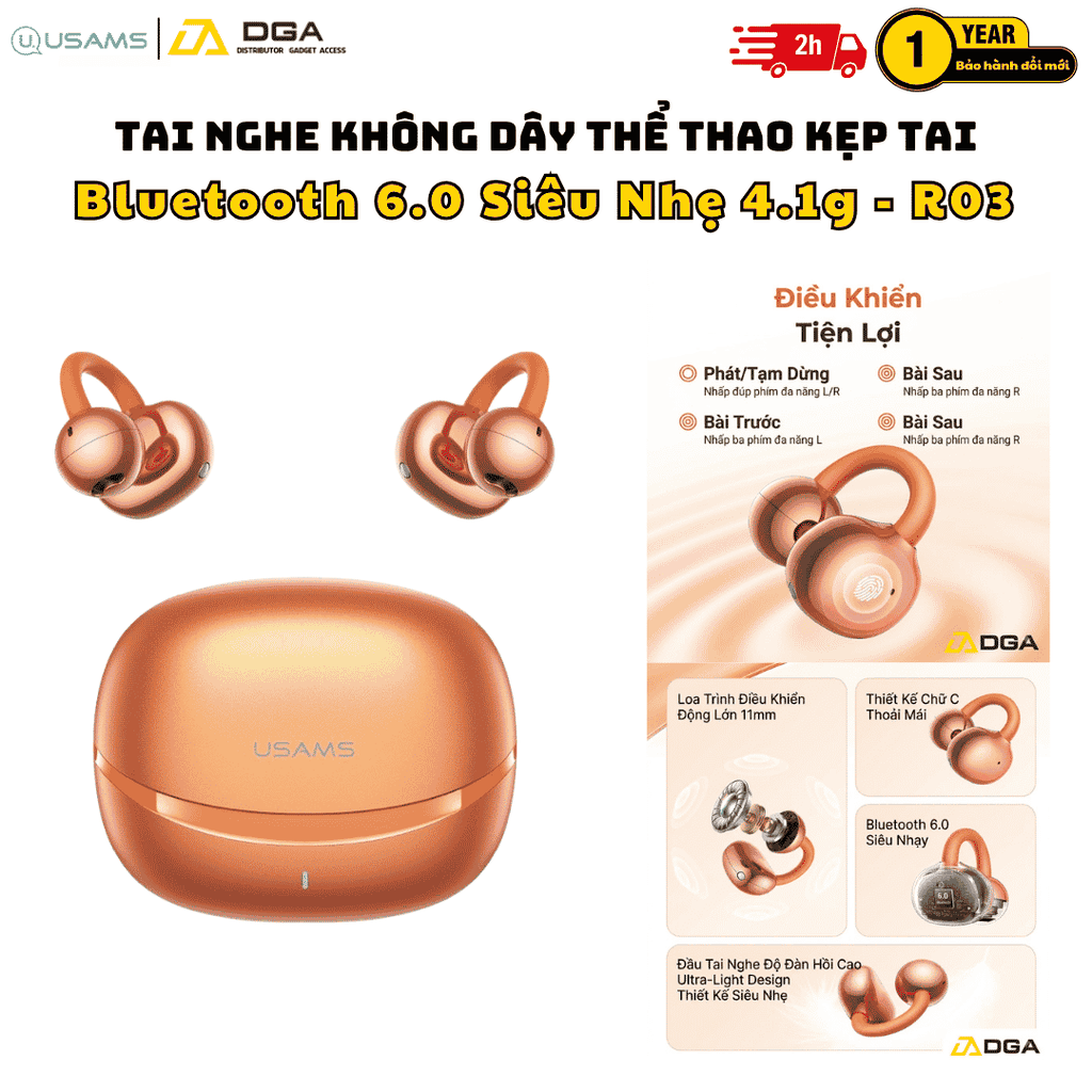 Tai Nghe Kẹp Tai USAMS Echo R03: Bluetooth 6.0, Driver 11mm, Siêu Nhẹ 4.1g