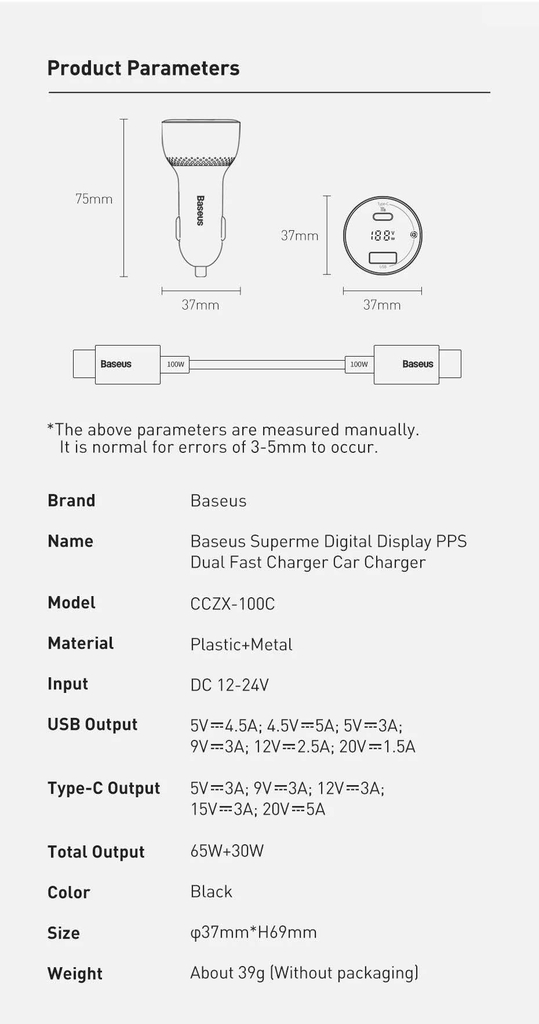 Tẩu sạc công suất cao 100W Superme Digital Display PPS Dual Quick Charger Car Charger