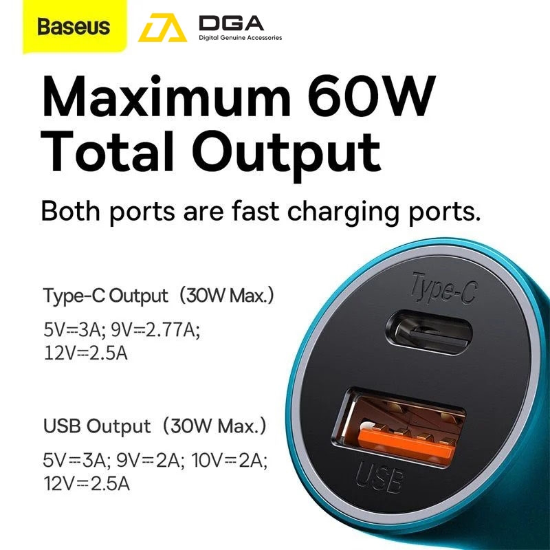 Tẩu Sạc Ô Tô 60W Baseus Golden Contactor Max Dual Fast Charger Car Charger