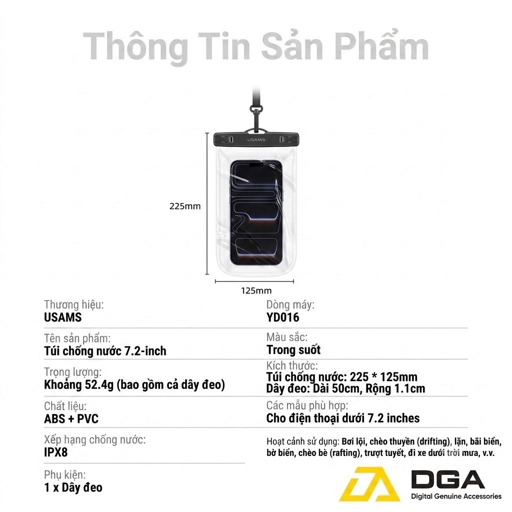 Túi Chống Nước USAMS YD016 7.2 Inch - Chuẩn IPX8, Dây Đeo Tiện Lợi